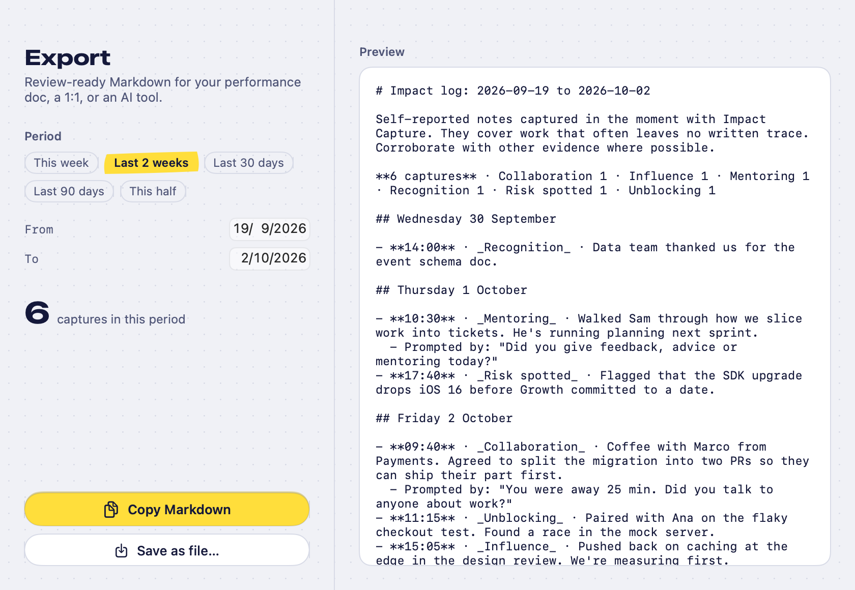 The export window with a Markdown preview of two weeks of captures