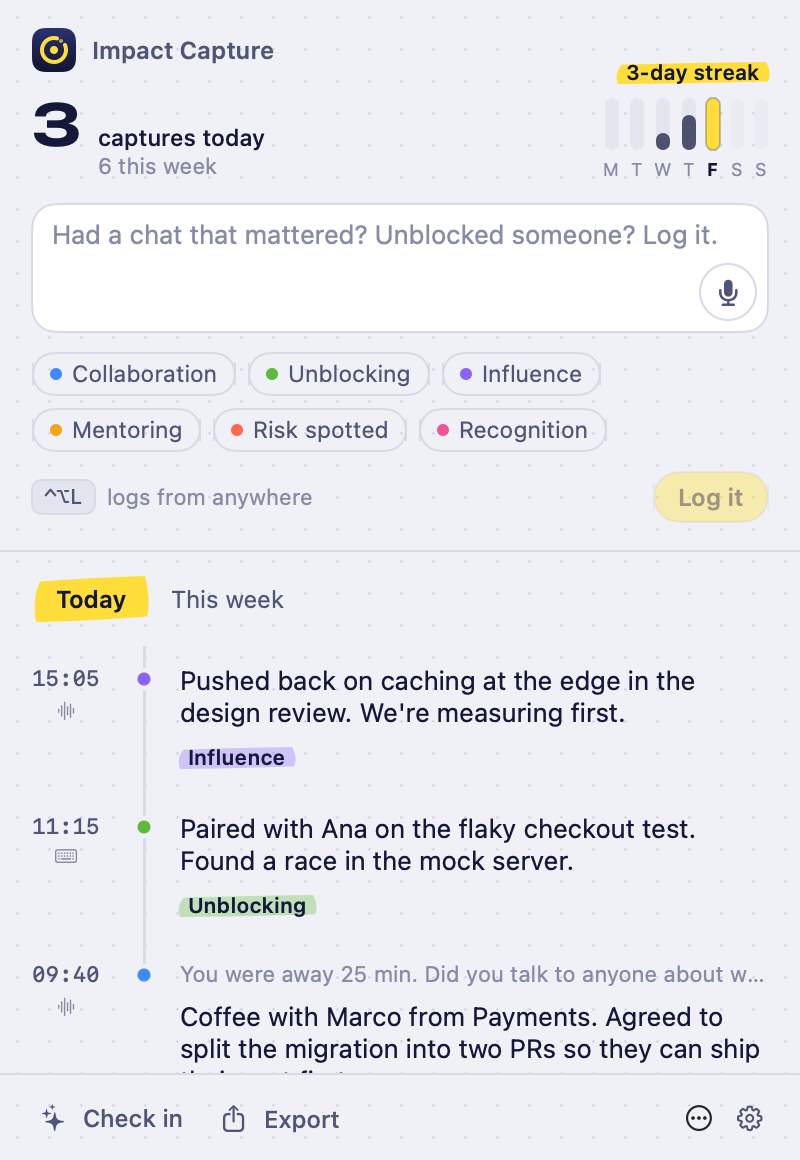 The Impact Capture popover: 3 captures today, a week strip, and today's timeline